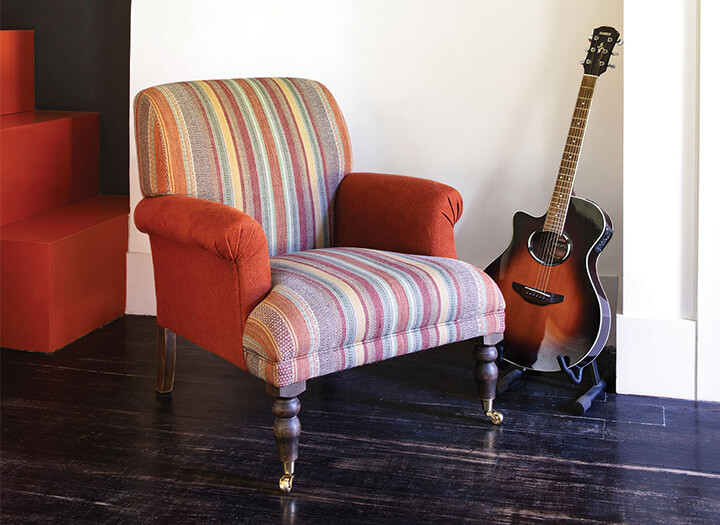 Midhurst Chair in Kirby Soho Burnt Orange & Mulberry Rustic Stripe Red Plum